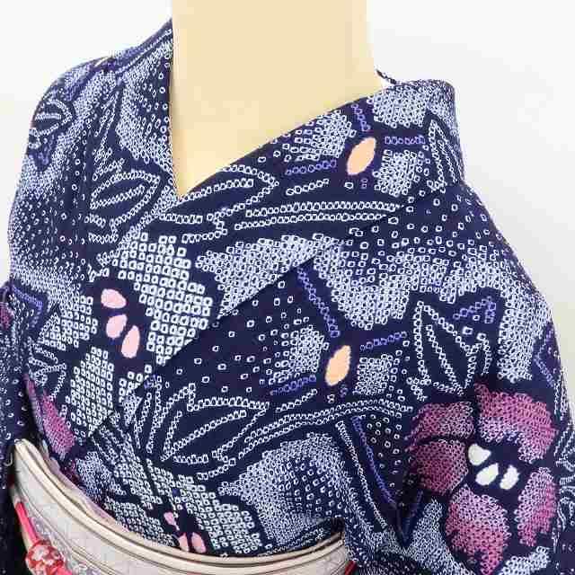 美品 有松鳴海絞り 綿 洗える着物“盛り上げる流水に菊と蝶♪”高級浴衣 E-44 yukata-1457-6821-01.jpg