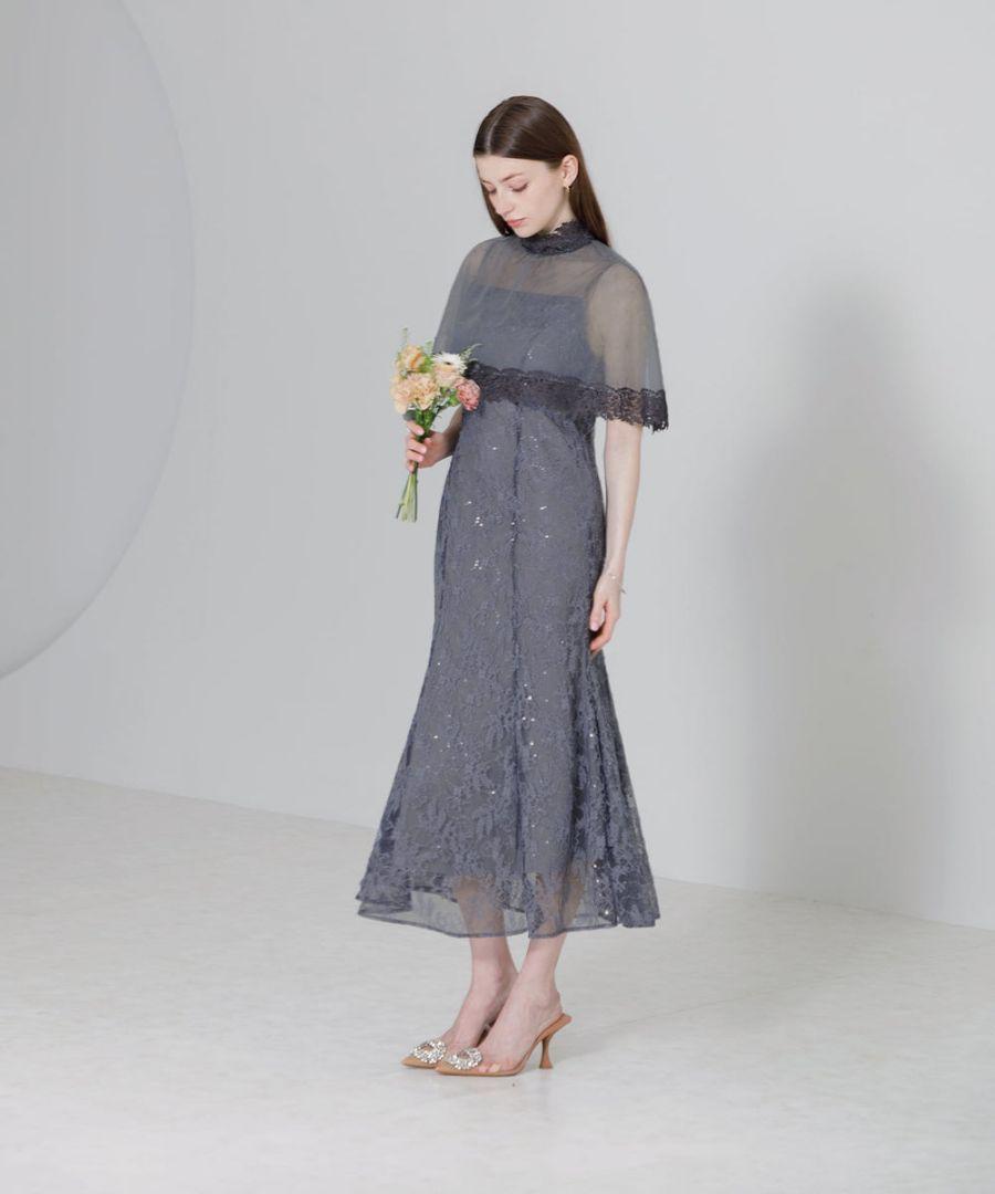 レジャハイネック花柄レースボレロ付きシースルースパンコールマーメイドロングドレス