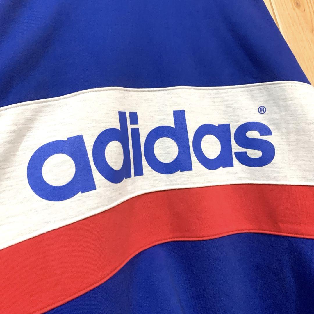 90s』 adidas スウェット ◎デカロゴ 裏パイル デサント製 日本