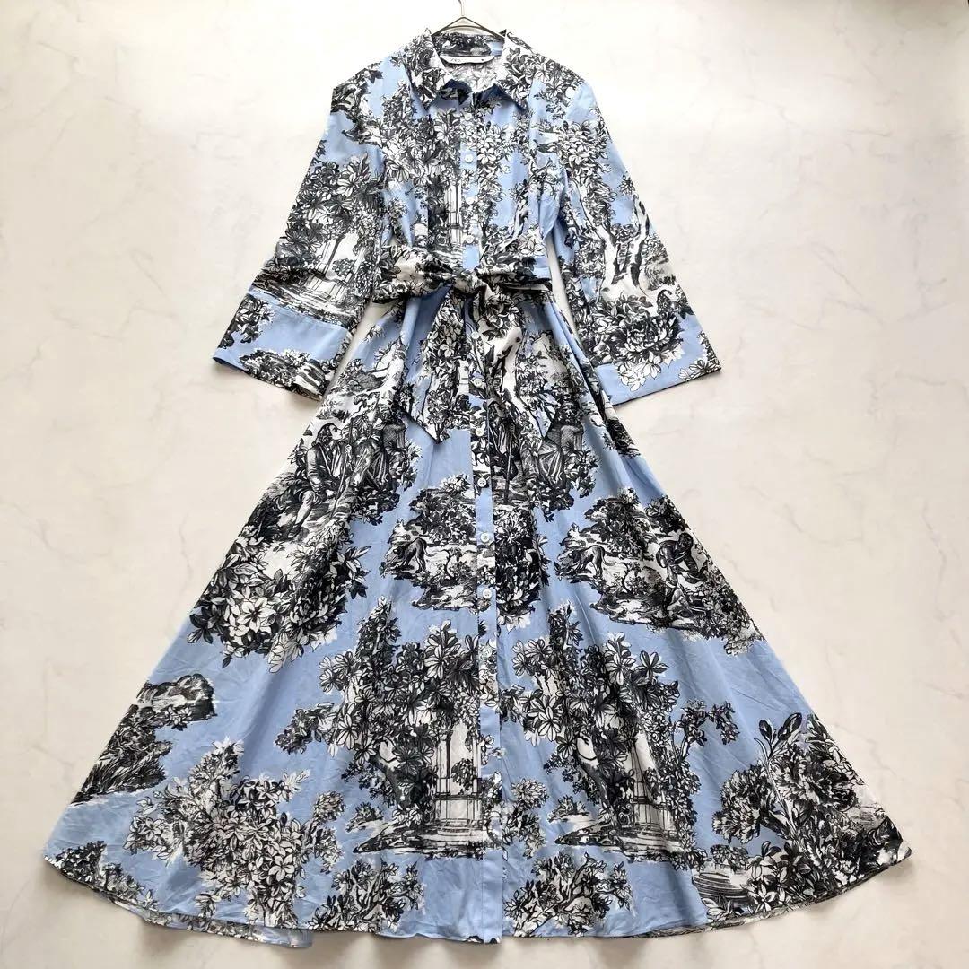 ZARA ザラ シャツワンピース 総柄 絵画 ベルト付 XS コットン