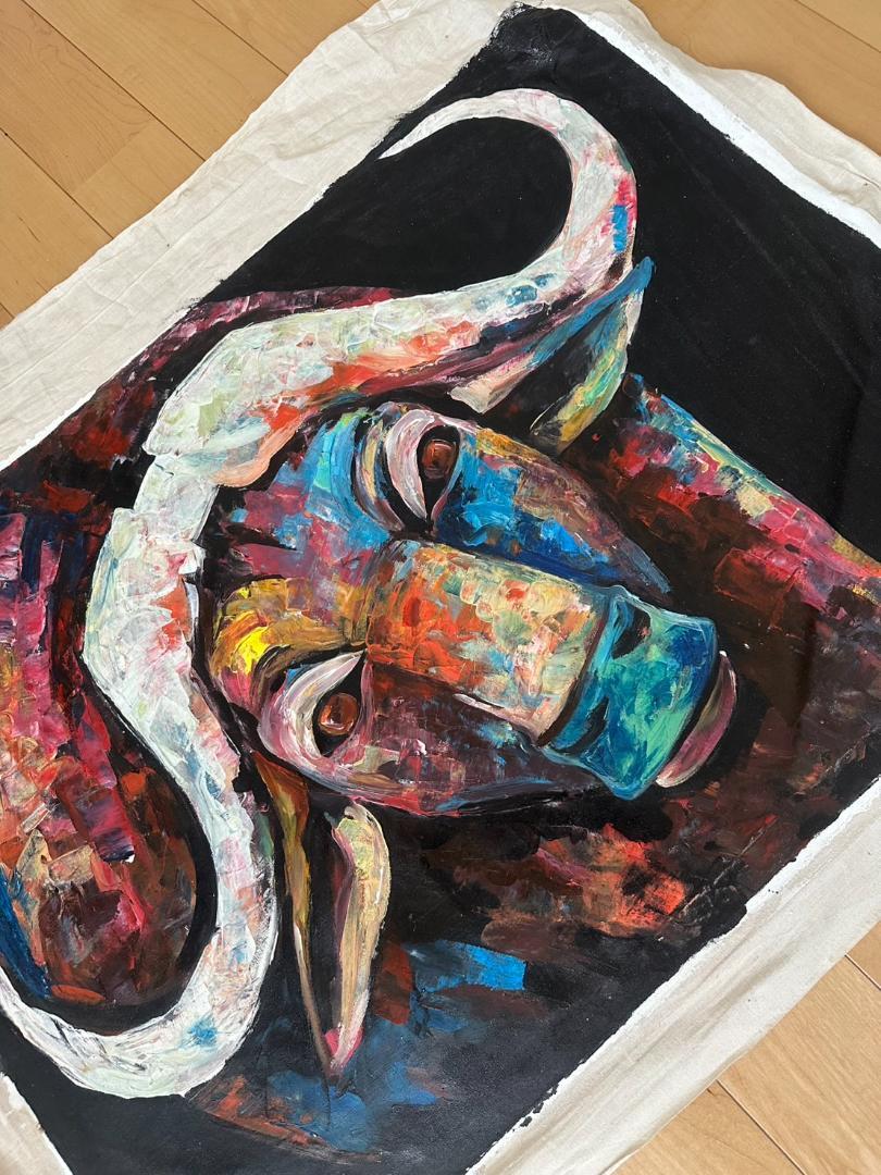 アフリカアート バッファロー【画家 サイン入り】 絵画