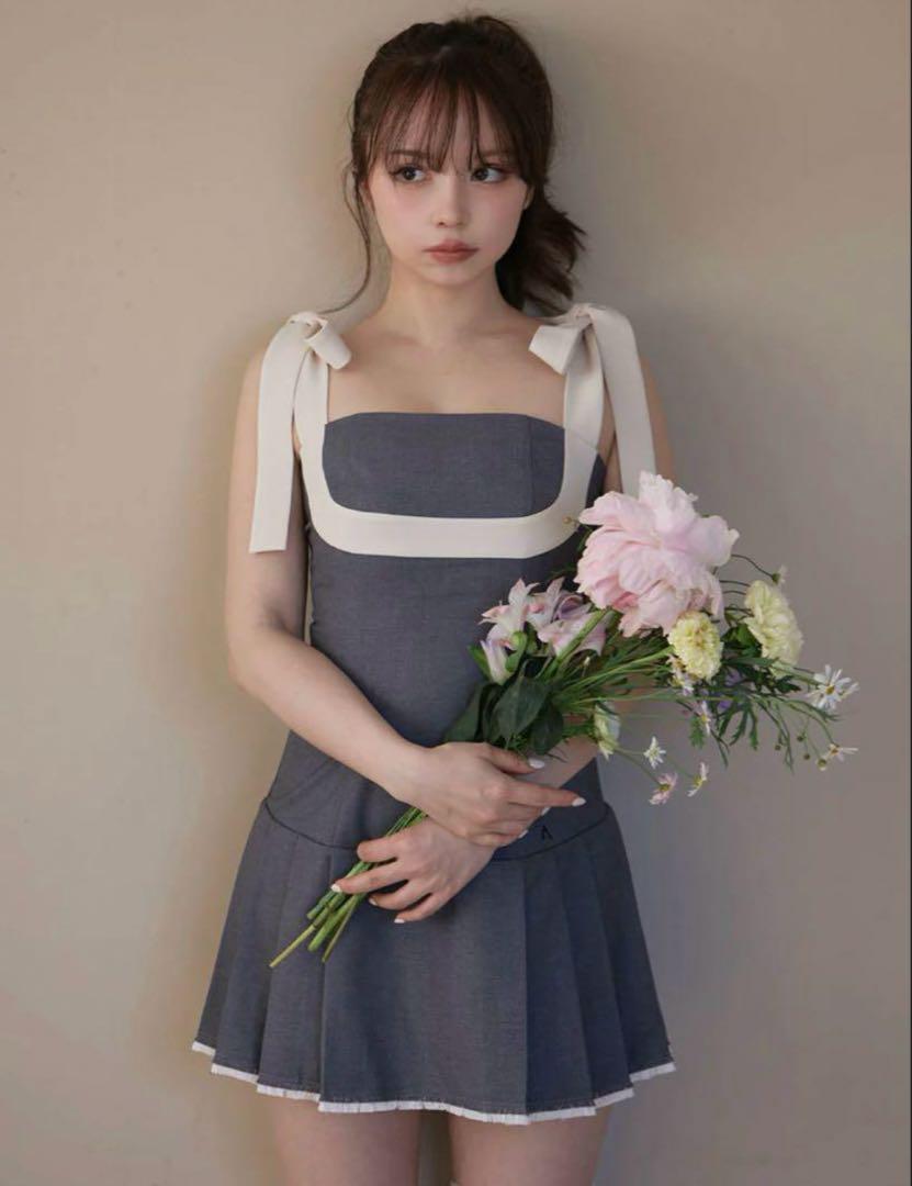 andmary Chuchu pleats ribbon dress gray