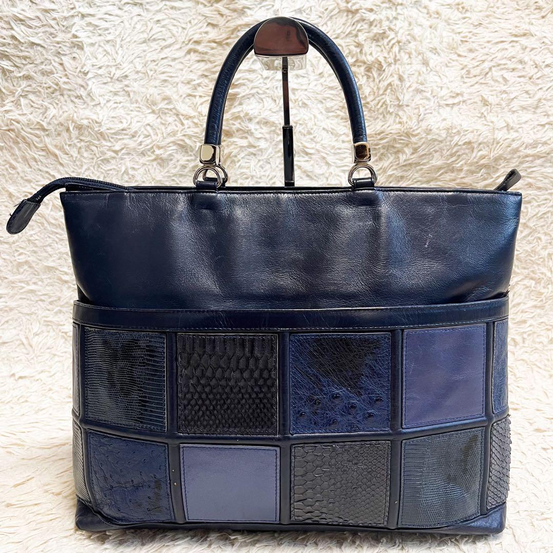 【美品】JRA認定 ブリーフケース パッチワーク オーストリッチ レザー L1