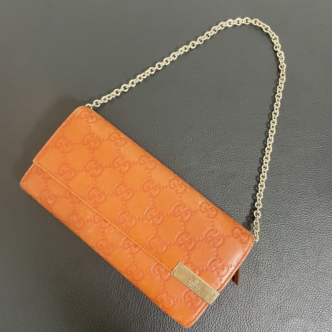 GUCCI グッチ長財布 チェーンウォレット GG柄 シマレザー