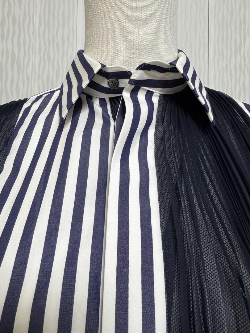 sacai ネイビーシースルー✖️ストライプ シャツ クリーニング済み サイズ1 sacai ネイビーシースルー✖️ストライプ シャツ クリーニング