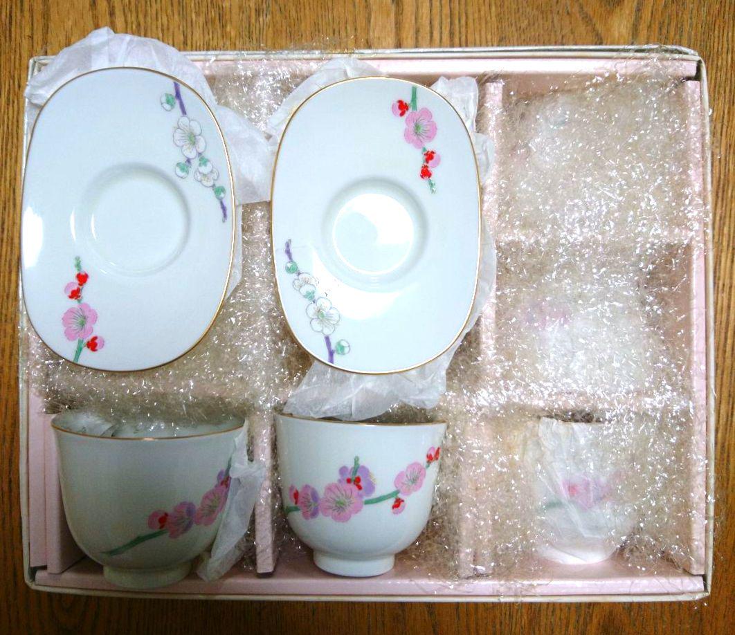 深川製磁 紅白梅 茶托付仙茶碗揃 湯飲み 5客セット 有田焼