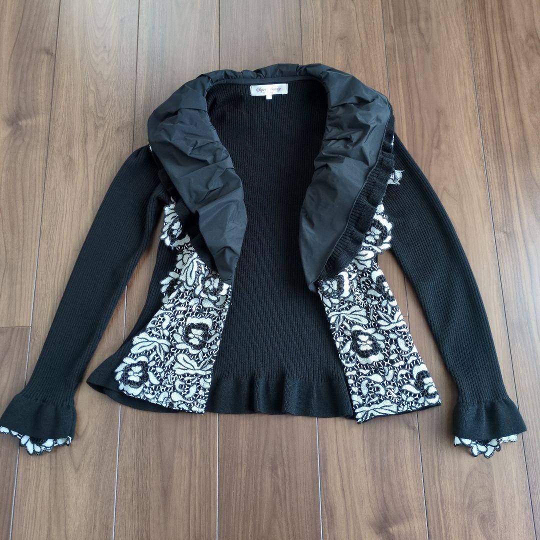 スーパービューティーフリル襟フラワー刺繍カーディガンニット