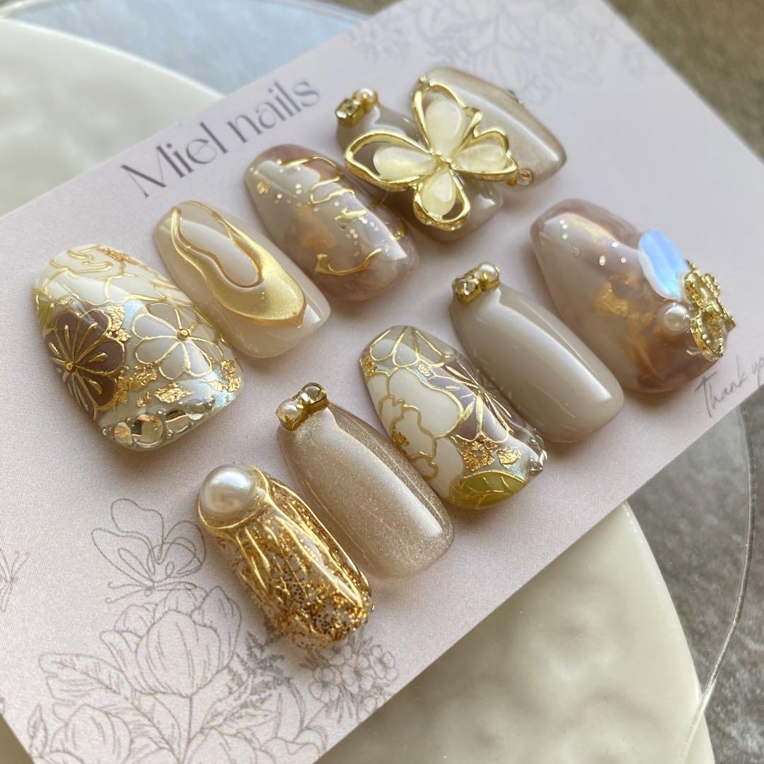 504ネイルチップ現品販売　淡色　成人式　和柄和装　くすみカラー　振袖　結婚式