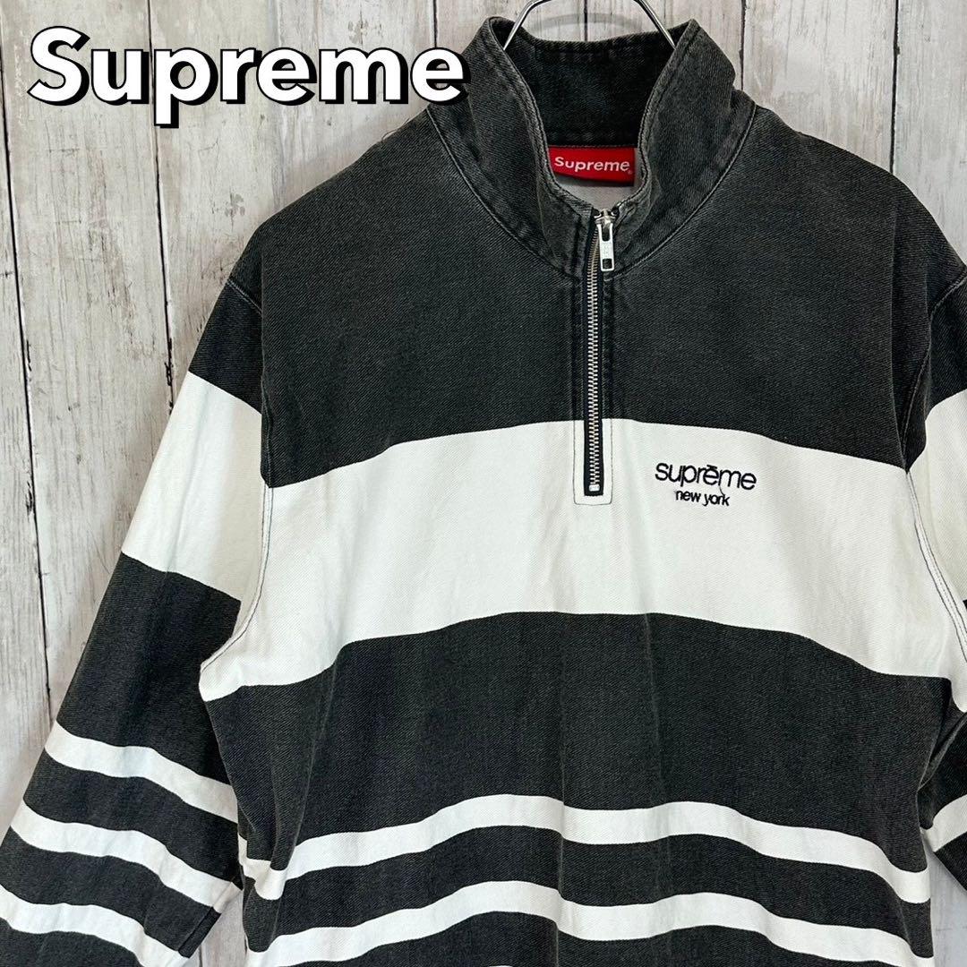 supreme シュプリーム スウェット ハーフジップ 刺繍ロゴ ボーダー