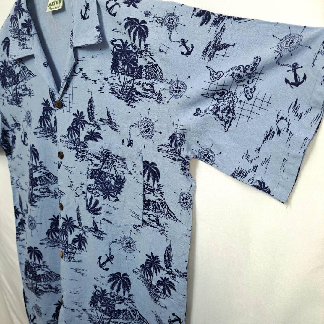 【美品】アロハシャツ　開襟　コットン生地　コンパス　ヤシの木柄