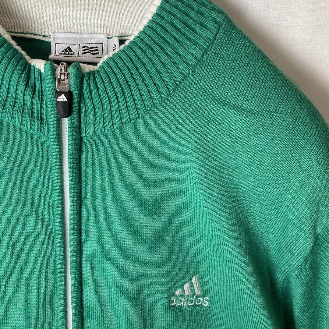 素晴らしい adidasグリーン 半袖ニットカーディガン 刺繍ロゴ 国旗タグ トップス