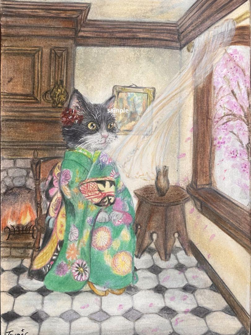 色鉛筆画スノードームとsilent night 猫原画手描きイラスト