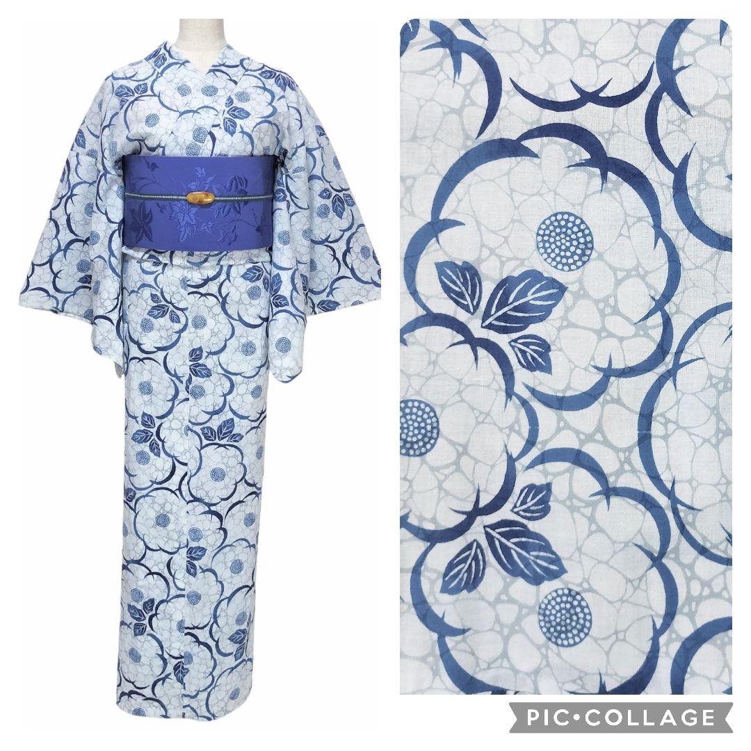 【浴衣】花模様 未使用品　藍染　注染　水色 レトロ　青　古典 綿　しつけ糸