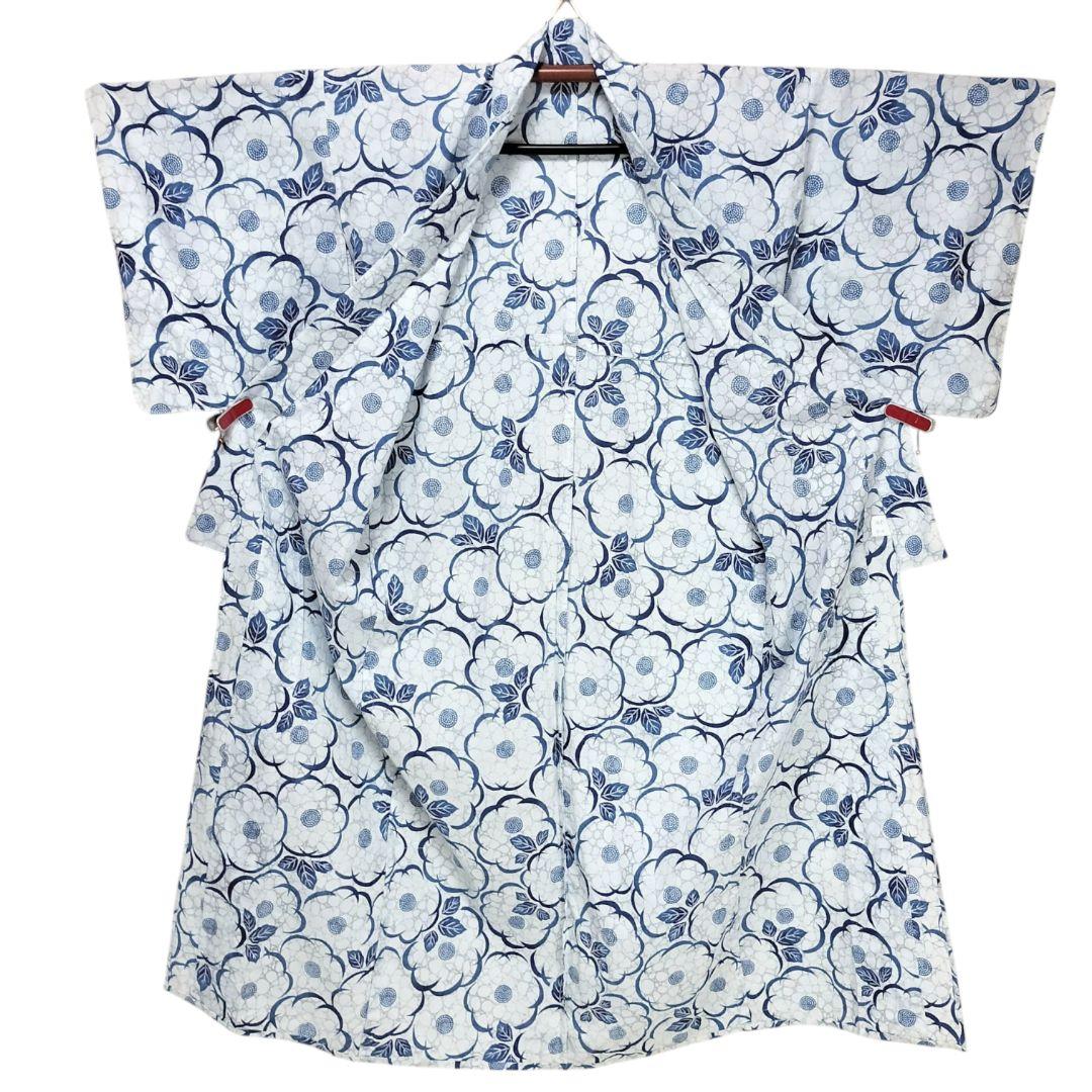【浴衣】花模様 未使用品　藍染　注染　水色 レトロ　青　古典 綿　しつけ糸