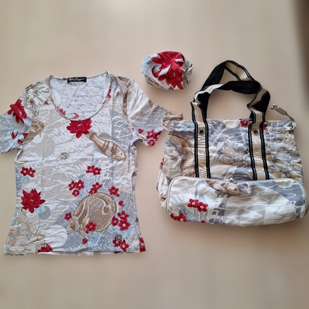 フェラガモ 花柄 魚柄 半袖Tシャツ バッグセット フェラガモ 花柄 魚柄 半袖Tシャツ バッグセット