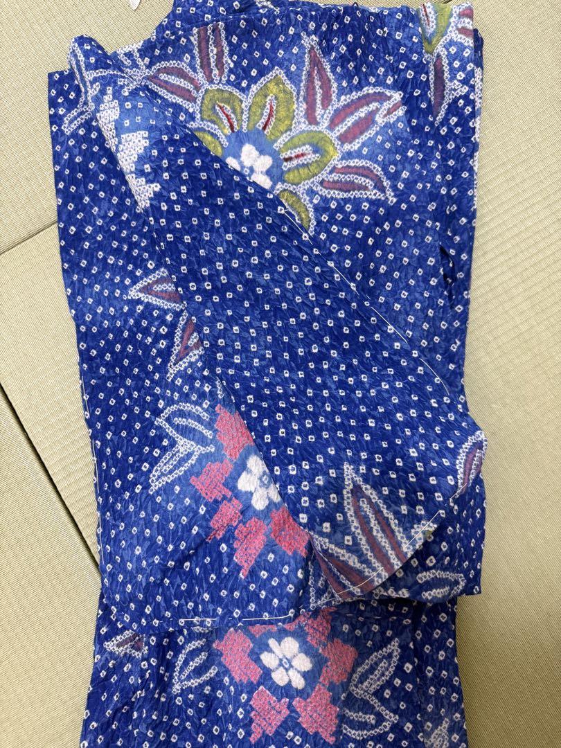 青色 花柄 綿 総絞り浴衣