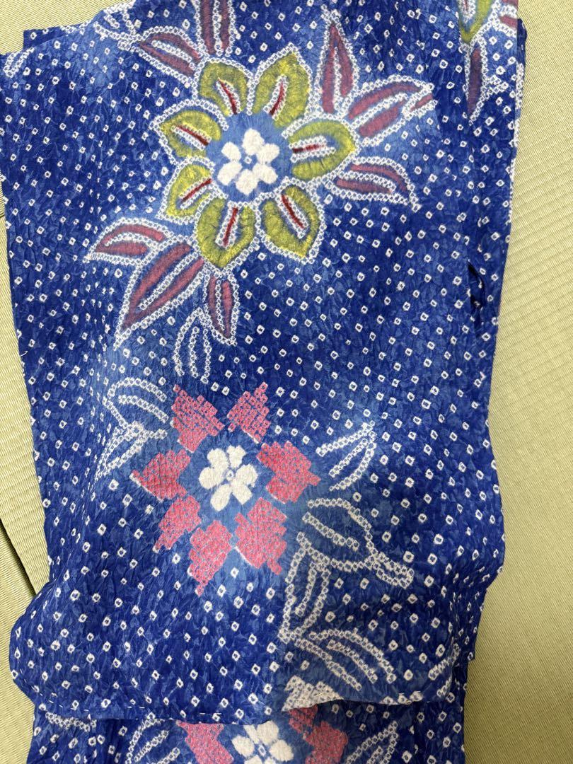 青色 花柄 綿 総絞り浴衣