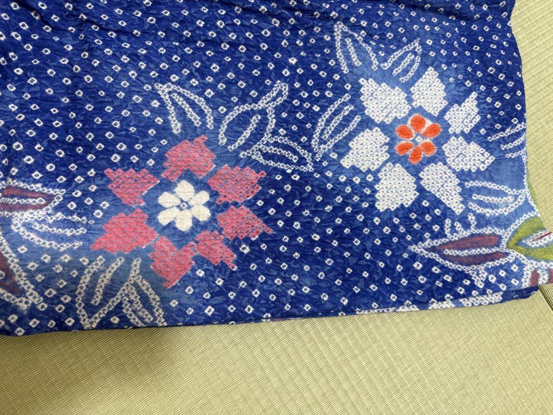 青色 花柄 綿 総絞り浴衣