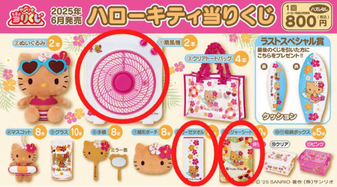 ル*～様 キティ一番くじ日焼けキティ　扇風機　ぬいぐるみ　レジャーシート　3点セ キティ一番くじ日焼けキティ 扇風機 ぬいぐるみ レジャーシート