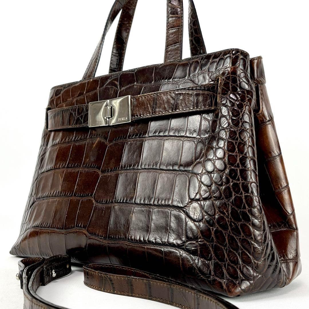 FURLA フルラ クロコ 型押し ハンドバッグ ショルダー 2way ベルト