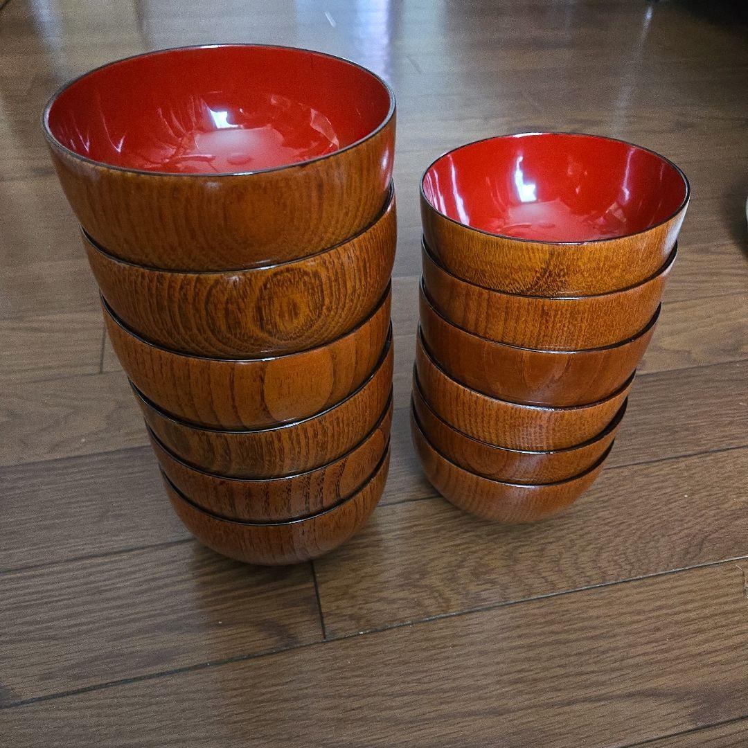 美品　漆塗木製汁椀 　大小12個セット 赤と木目