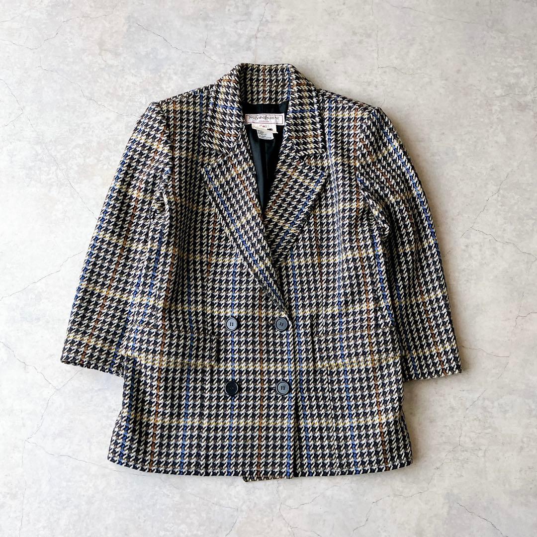 フランス製 イヴ サンローラン チェック柄 ダブルブレスト テーラードジャケットL・Yves Saint Laurent