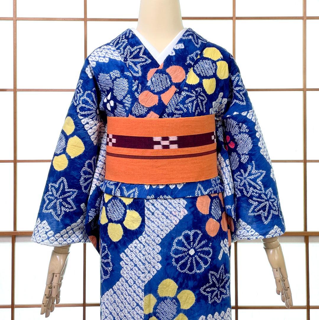有松鳴海絞り 浴衣 夏着物 梅 菊 紅葉 ブルー ビンテージ 着物 A-2370 有松鳴海絞り 浴衣 夏着物 梅 菊 紅葉 ブルー ビンテージ 着物 A-2370
