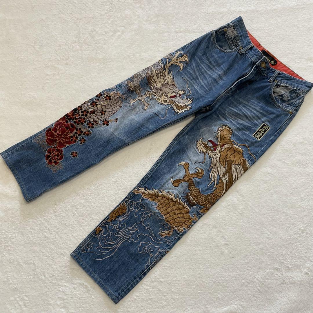 美品　絡繰魂粋　豪華刺繍　インディゴ　デニム　32 絡繰魂 粋 デニムパンツ ジーンズ インディゴ 両面刺繍 ドラゴン