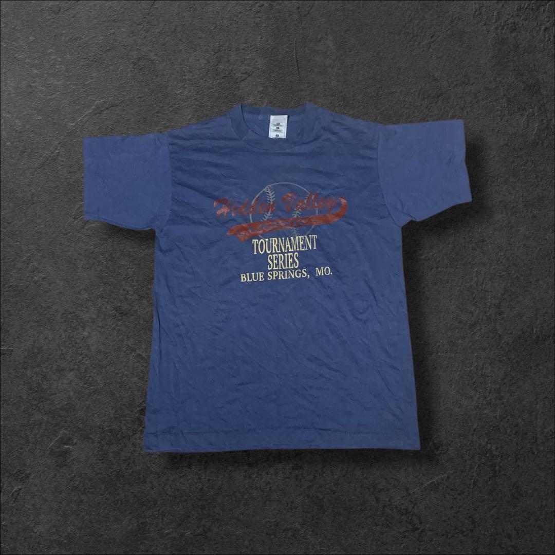 USA製Fruit if the loom古着TシャツプリントロゴブルーR559