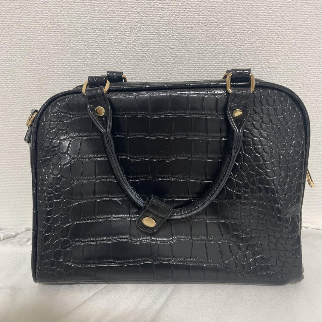 【美品】アンジュールアンサック　クロコダイル　型押し　ハンドバッグ　ブラック 美品】アンジュールアンサック クロコダイル 型押し
