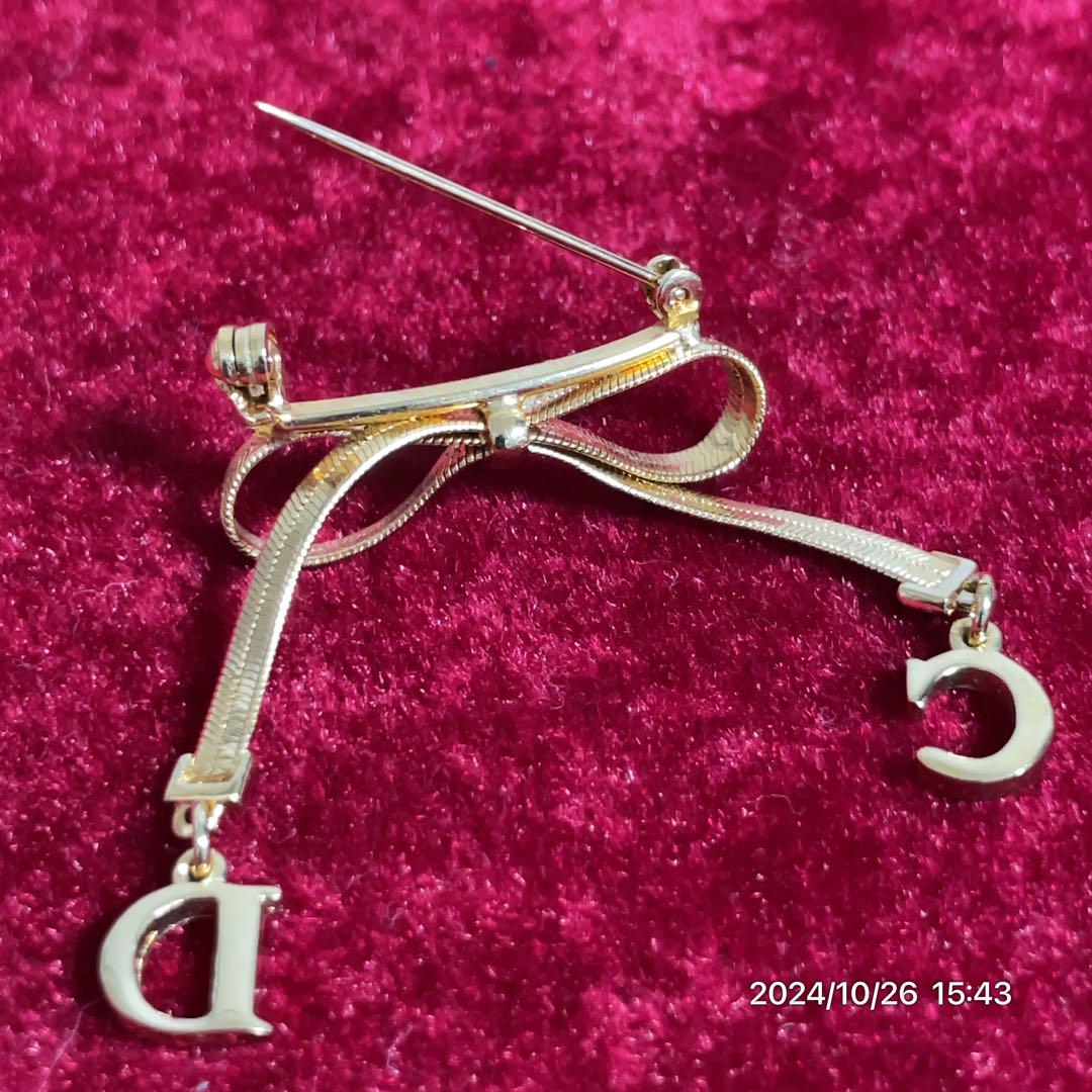 美品 Dior クリスチャンディオール リボンモチーフ ゴールド
