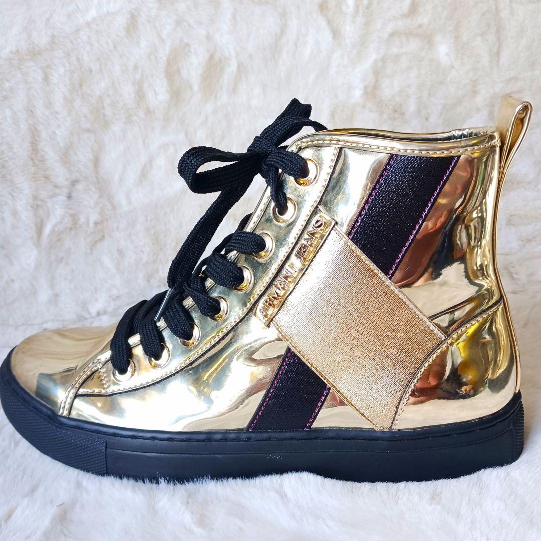 未使用 EMPORIO ARMANI ハイカットスニーカー ゴールド 保護袋付