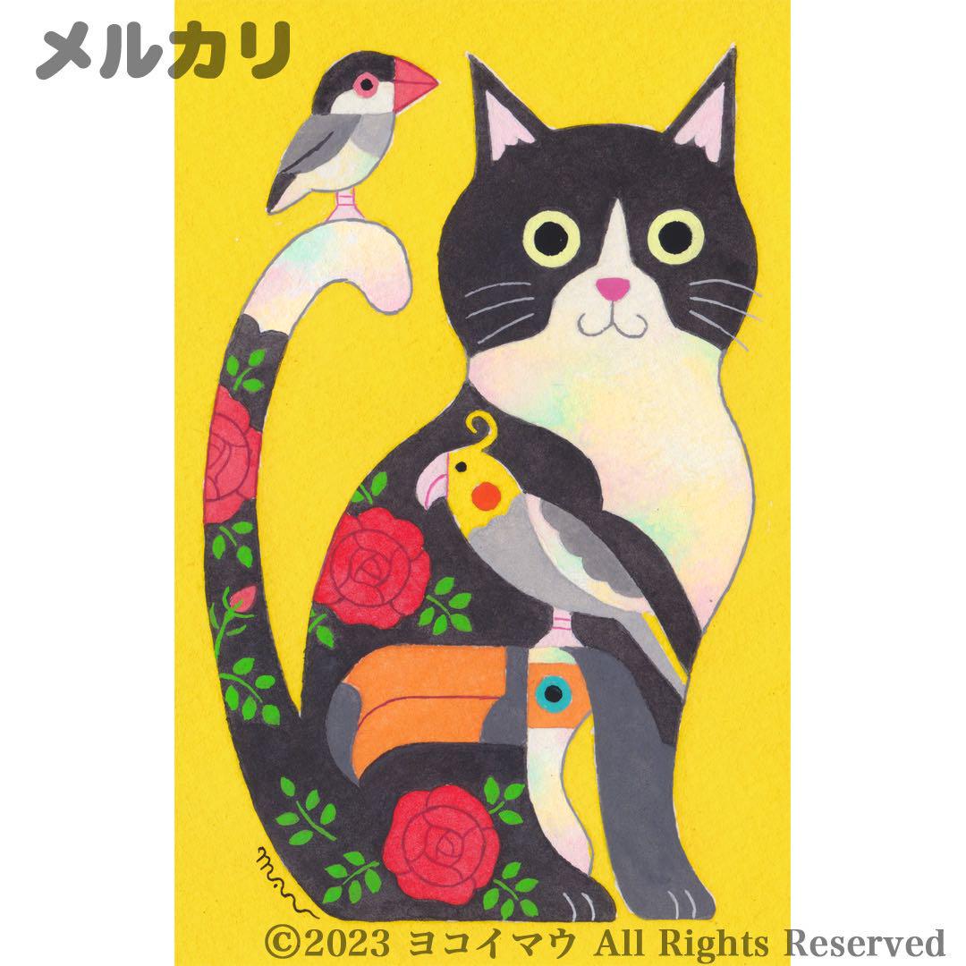クレヨン画 鳥と猫の絵 クレヨン画 鳥と猫の絵
