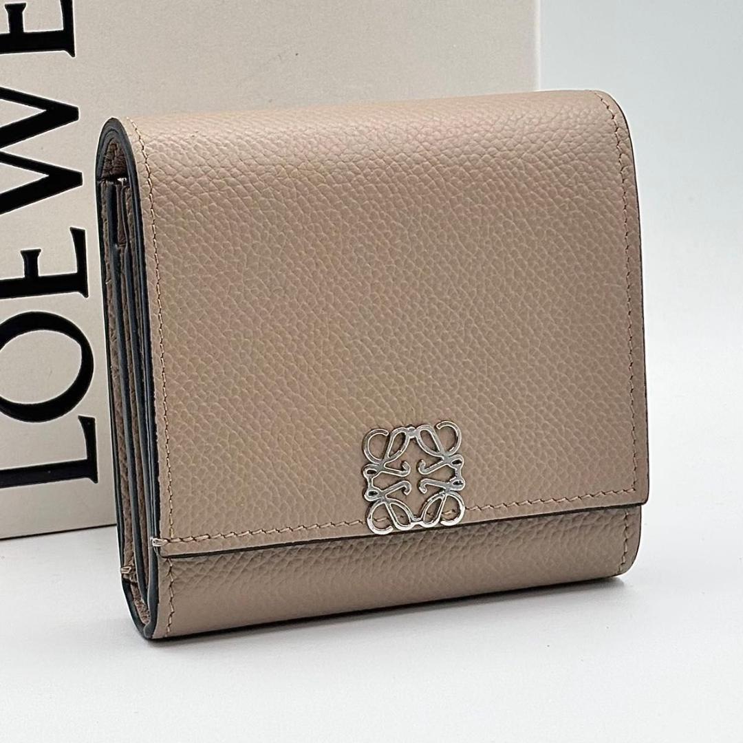 極美品 ロエベ アナグラム コンパクトフラップウォレット ベージュ 二つ折り財布