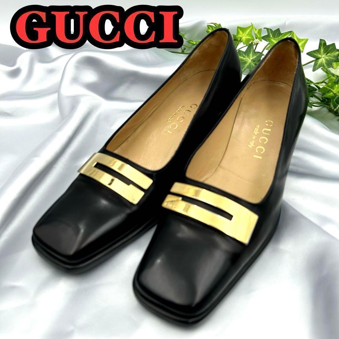 【美品】グッチ Gプレート スクエアトゥ チャンキーヒール パンプス 279