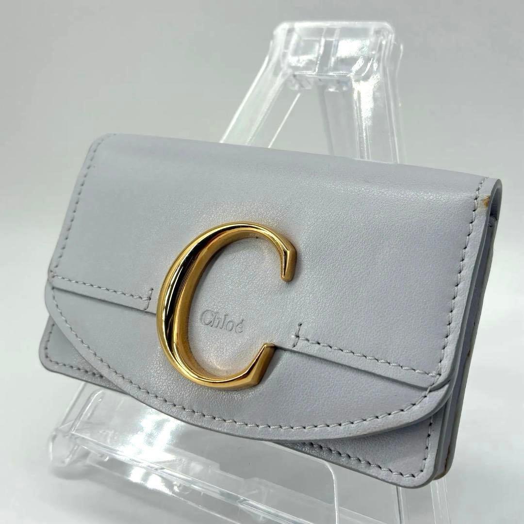 美品✨クロエ ゴールドC金具 レザー カードケース 名刺入れ ブルーグレー