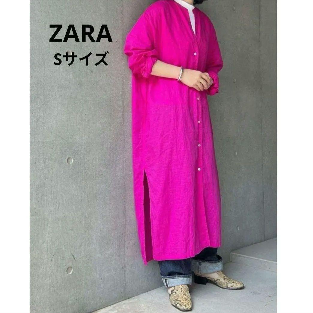 ZARA✨ 2wayリネンコットンブレンドノーカラーシャツワンピース ピンク