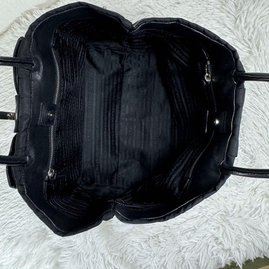 美品✨ PRADA プラダ トートバッグ リボン ナイロン レザー ブラック 画像11