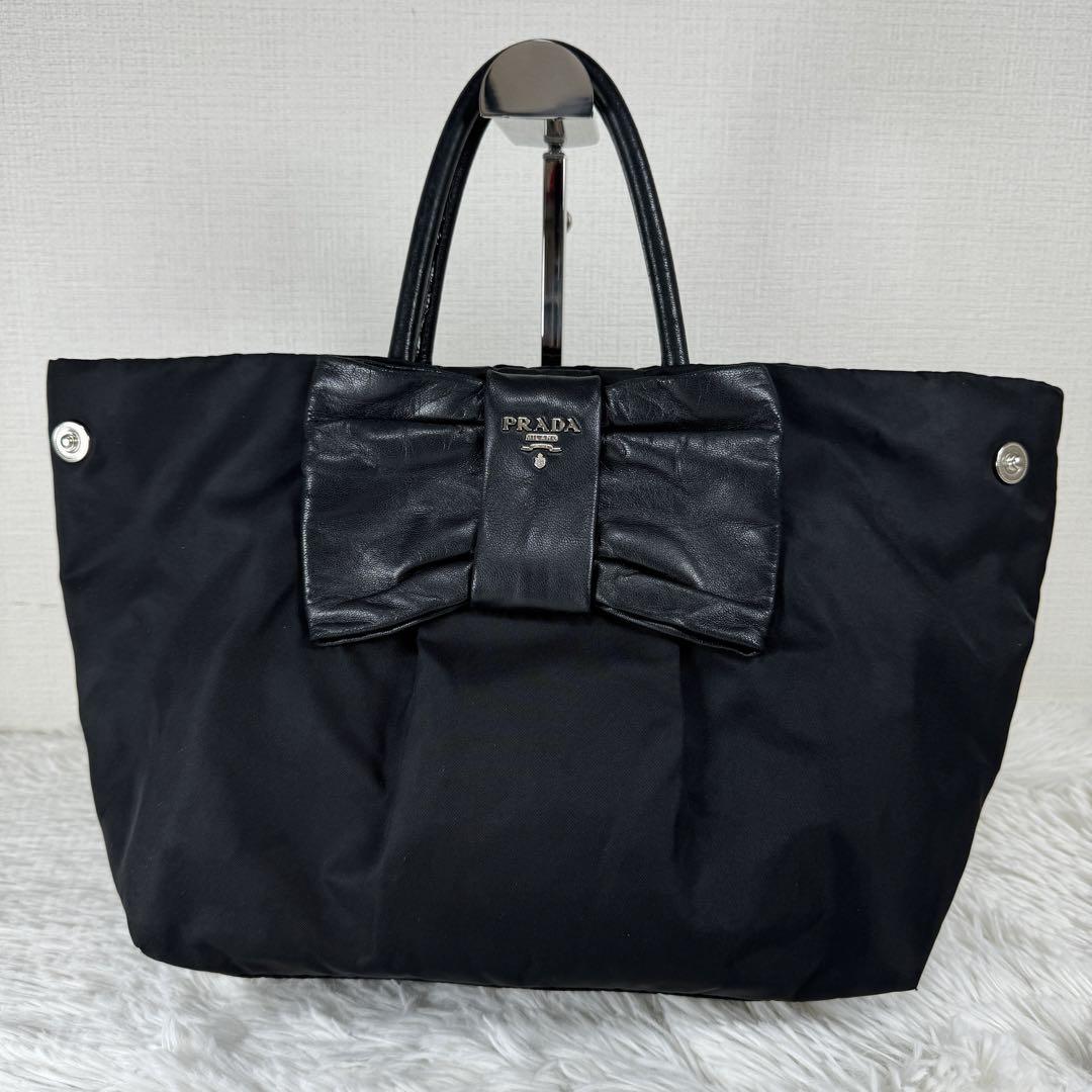 美品✨ PRADA プラダ トートバッグ リボン ナイロン レザー ブラック 画像2