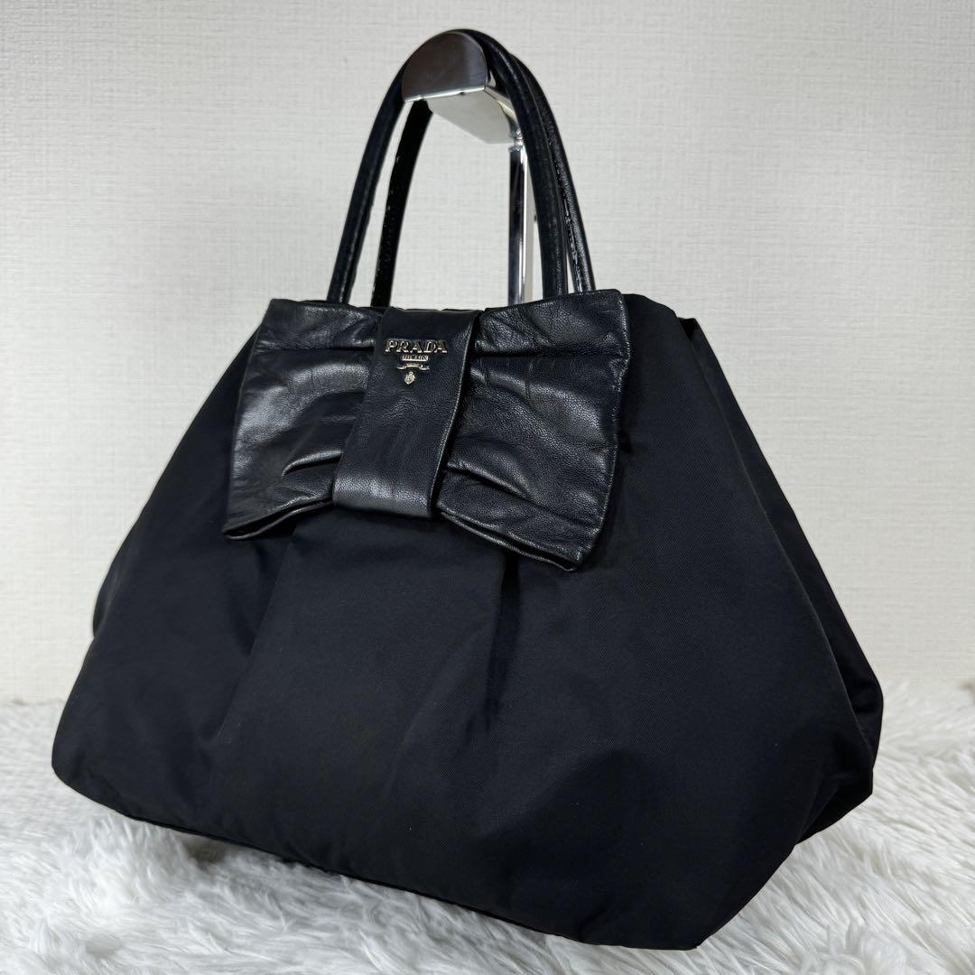 美品✨ PRADA プラダ トートバッグ リボン ナイロン レザー ブラック 画像4
