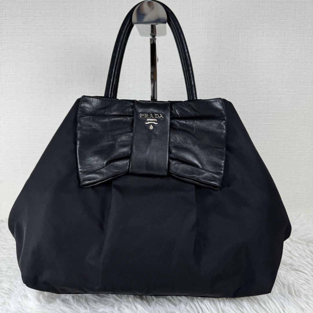美品✨ PRADA プラダ トートバッグ リボン ナイロン レザー ブラック 画像5