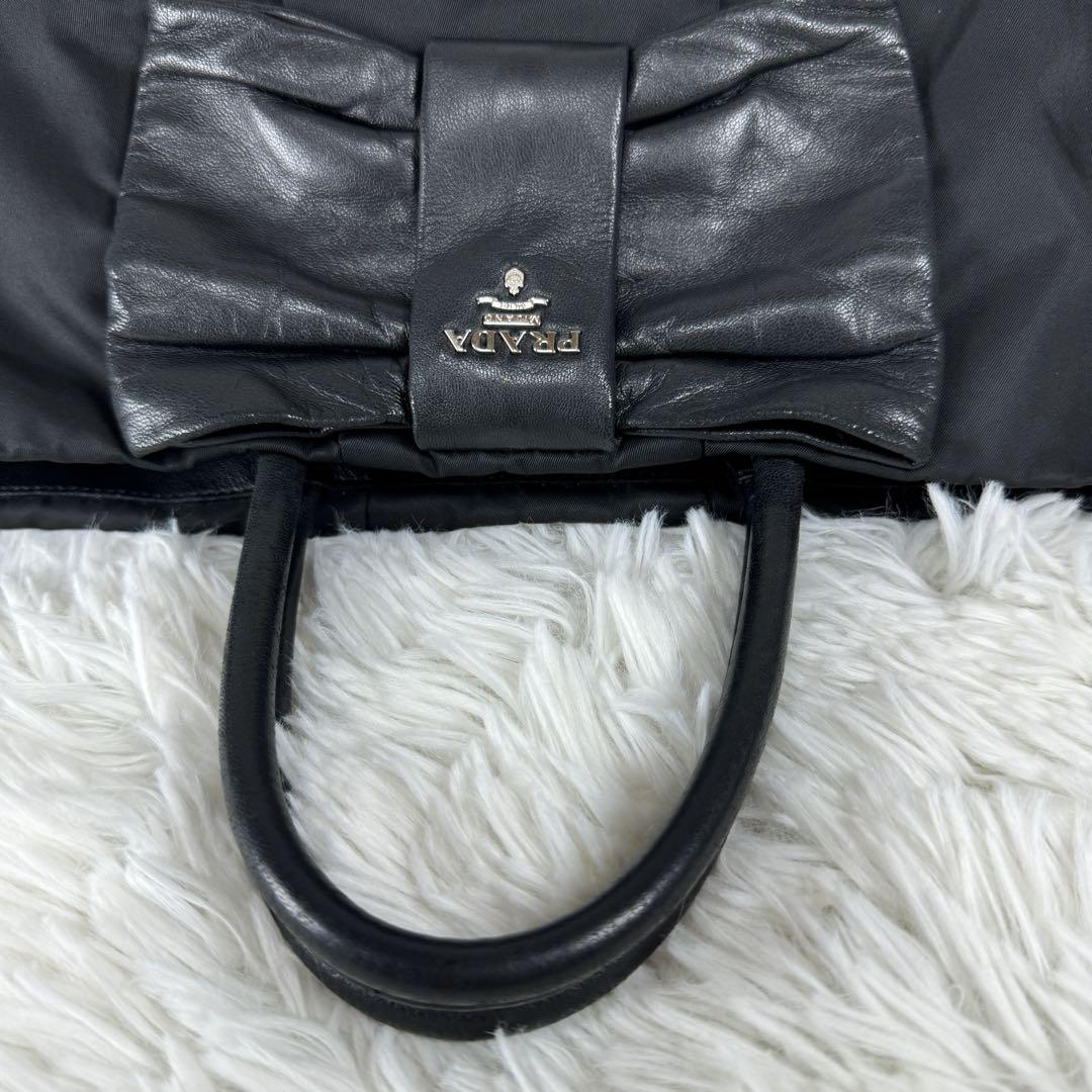 美品✨ PRADA プラダ トートバッグ リボン ナイロン レザー ブラック 画像7