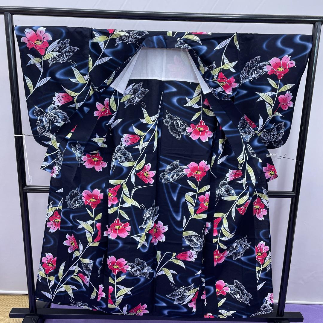 Y★1591★ 浴衣 夏着物 ゆかた 着丈154 濃紺 花柄 チョウ eeetasmaniaexpo.com.au