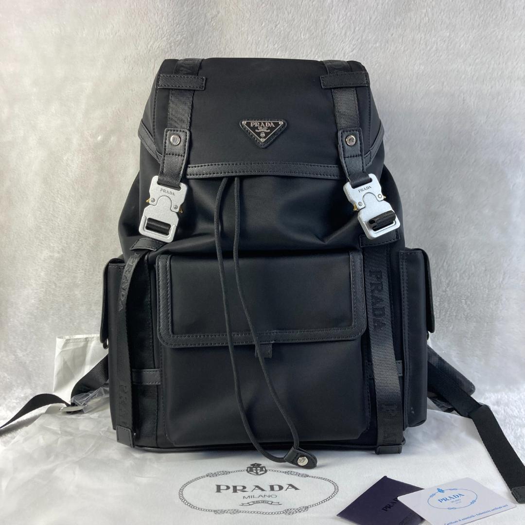PRADA ブラック リュック PRADA プラダ Re-Nylonxサフィアーノレザー バックパック
