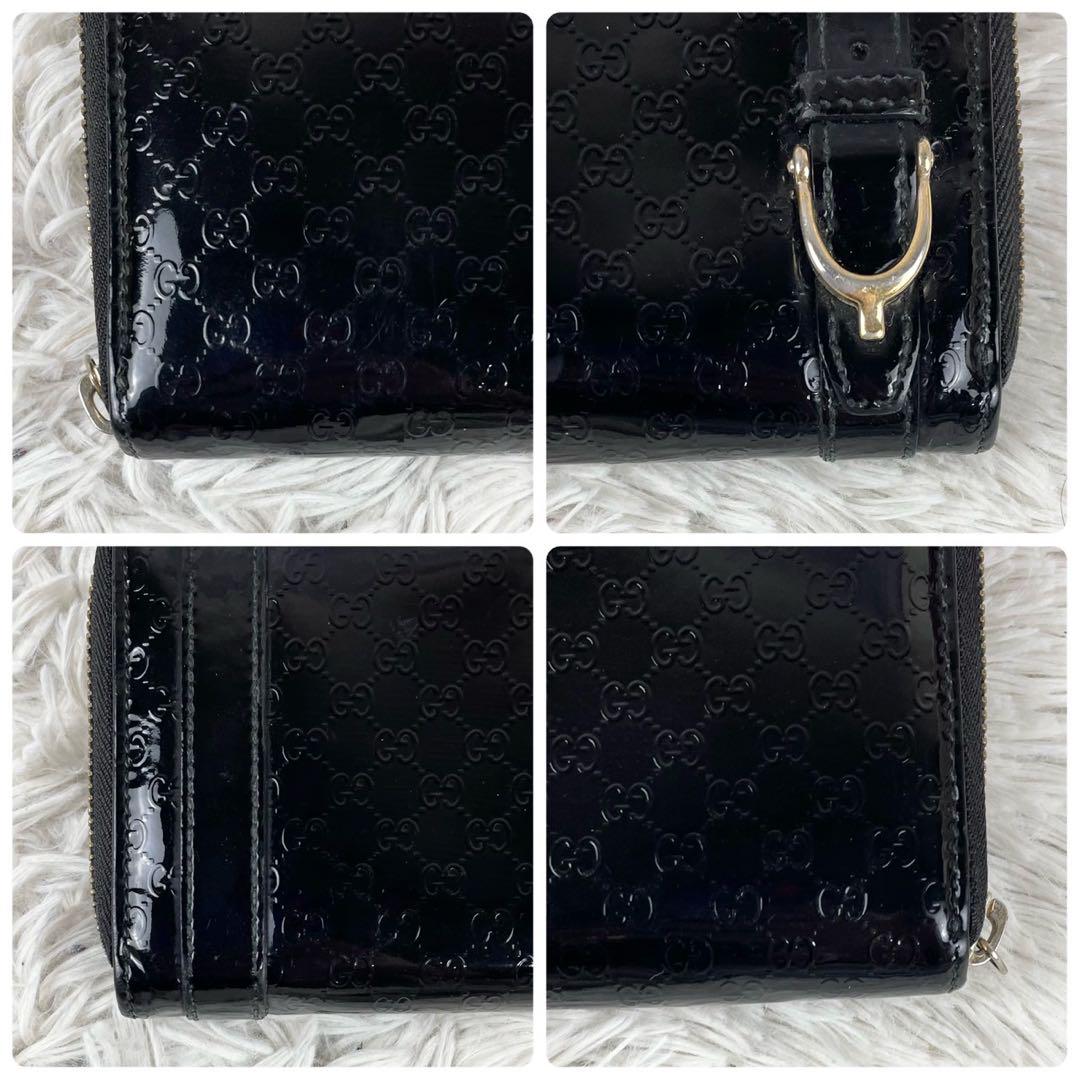 美品 GUCCI レザー エナメル 長財布 マイクロ GG ラウンドファスナー