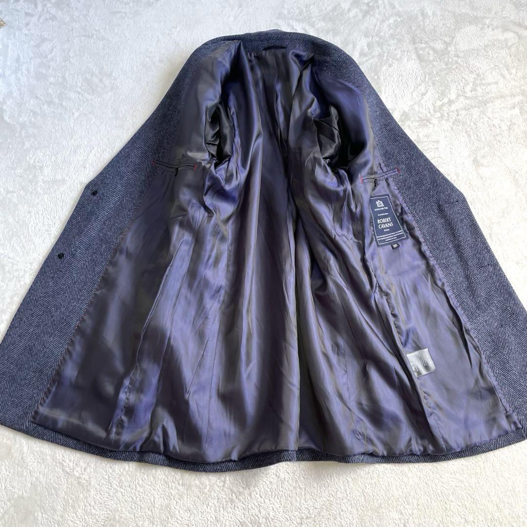 美品【ロベルトカバーニ】チェスターコート/カシミヤ100/ヘリンボーン/XL/紺