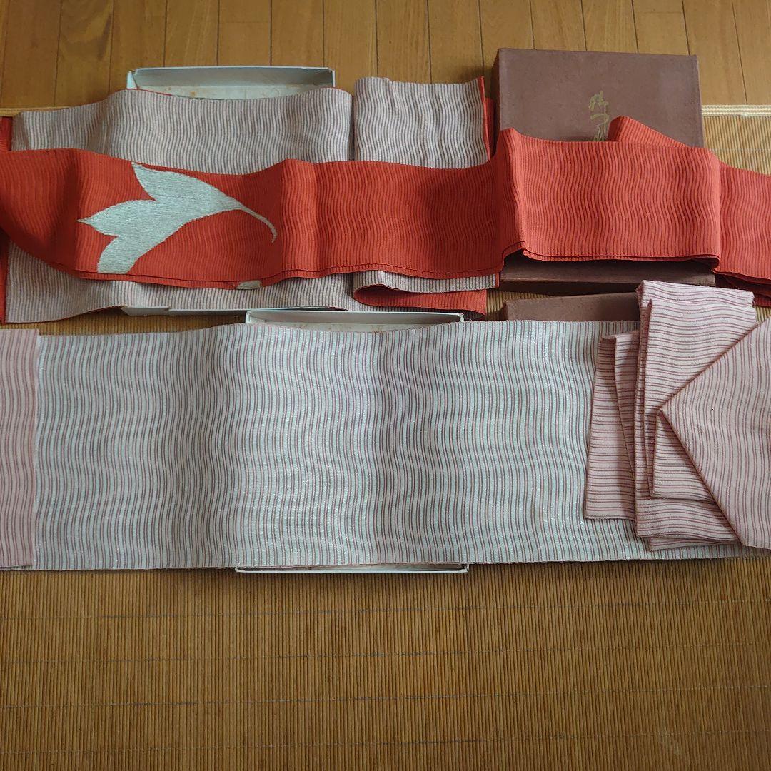 赤と白のストライプ 帯 花刺繍 箱入り２点セット