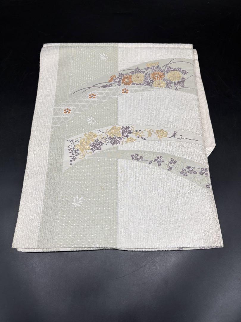 高級 正絹 洒落帯 名古屋帯 アンティーク 花柄 刺繍 爽やか 180