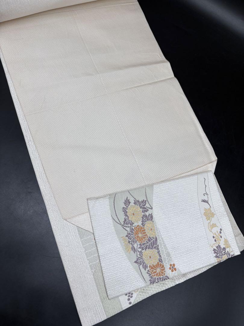 高級 正絹 洒落帯 名古屋帯 アンティーク 金系 金糸 刺繍 花柄