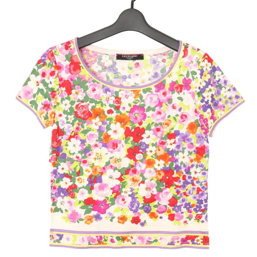 美品★レオナール 半袖 カットソー シャツ トップス トリム 花柄 L B018 美品 レオナール 半袖カットソー 花柄 コットン レディース L